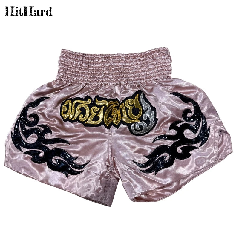 Muay Thai Shorts Men Women Kids Leopard Thai Boxing Shorts Premium Embroidery Satin Gym Kickboxing Fight Training BJJ MMA Pants