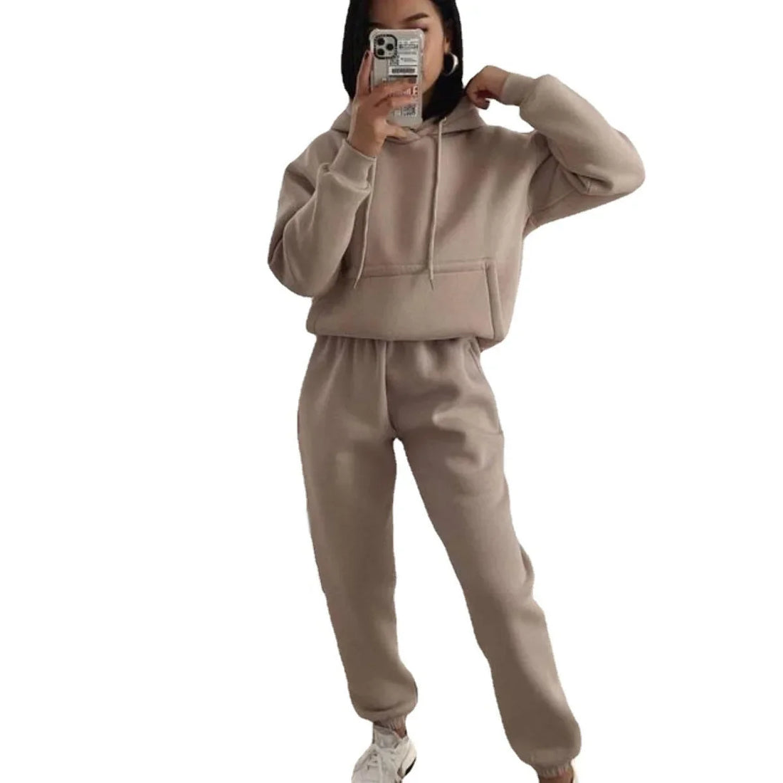 Women's Hooded Long Sleeved Pocket Sweatshirt Solid Color Sports Set Two-piece Set 2024 Autumn/winter