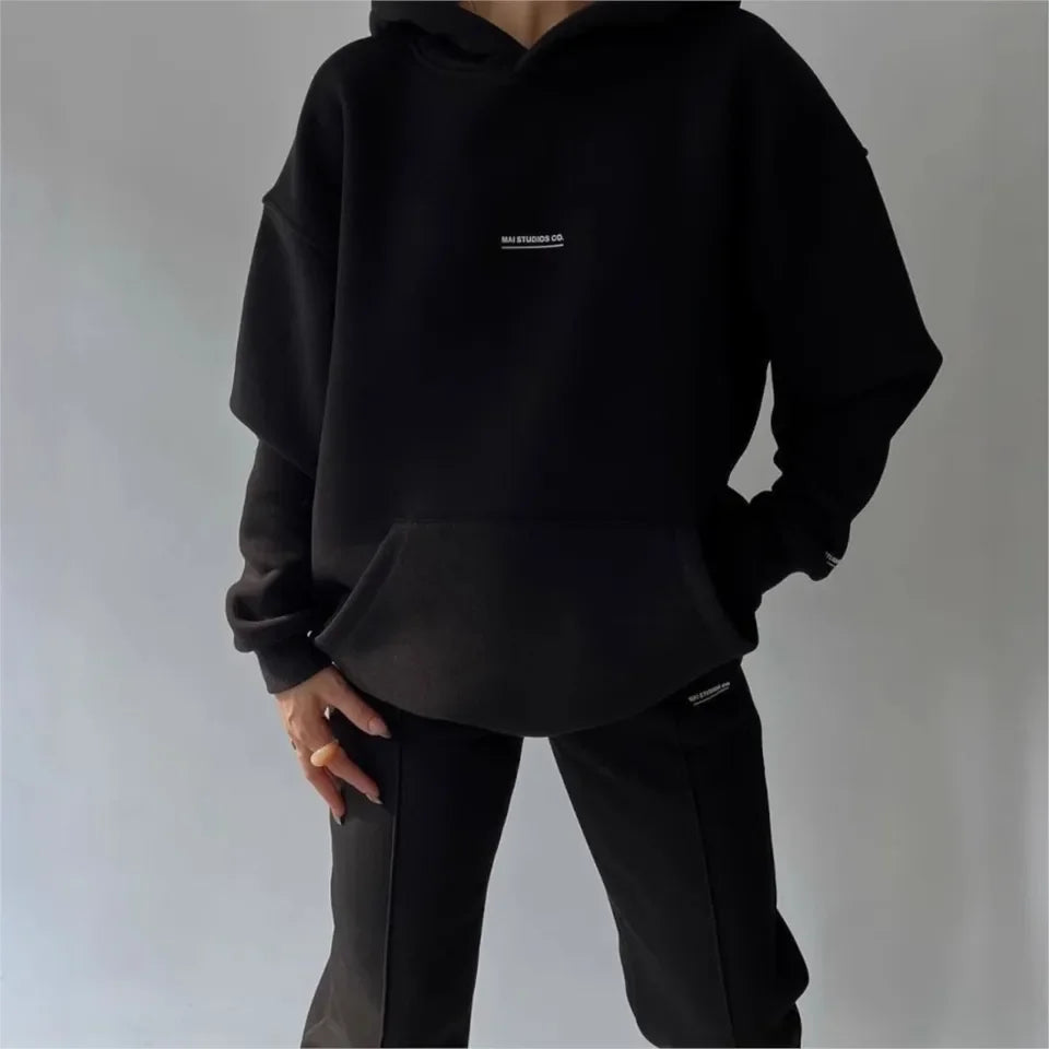 Women's Casual Hooded Sweatshirt Trousers 2 Piece Set Plus Velvet Warm Fashion Pocket Printed Letters Sports Ladies Trousers Set ATFH