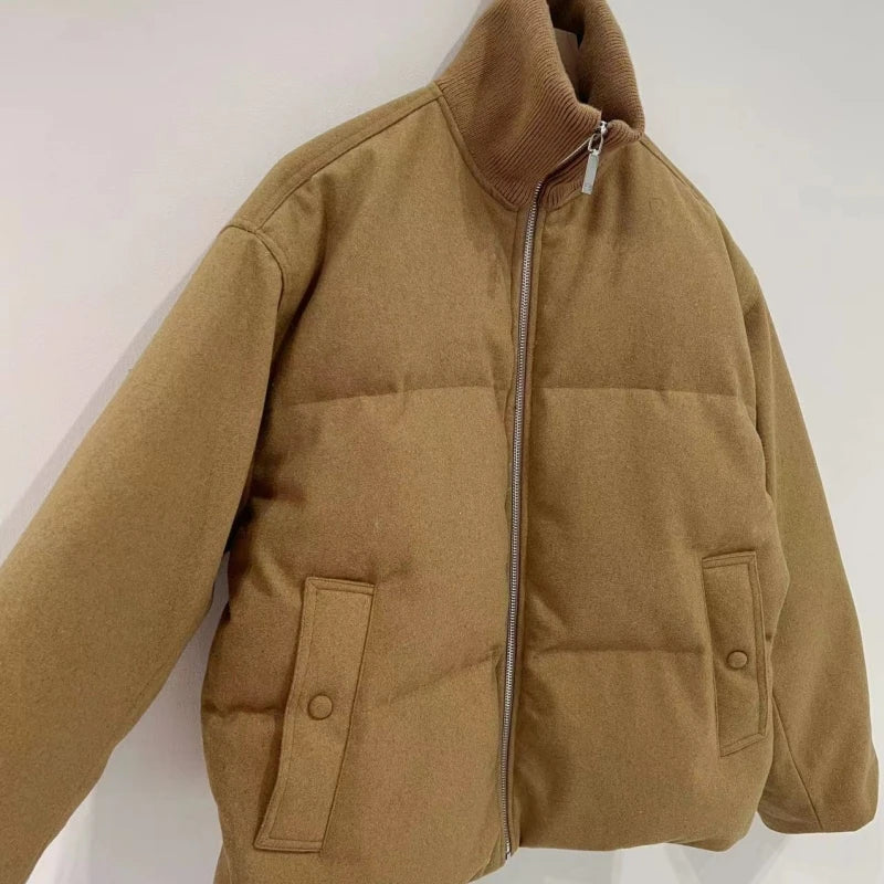 Nordic niche women's wool blended flannel short quilted down jacket for warmth ATFH