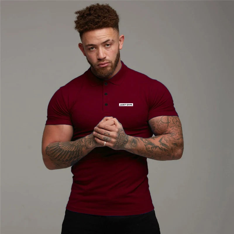 Fashion Lapel Tight Polo Shirts Cotton Breathable Short Sleeves T-Shirts Gym Workout Muscle Tops Mens Bodybuilding Fitness Polos