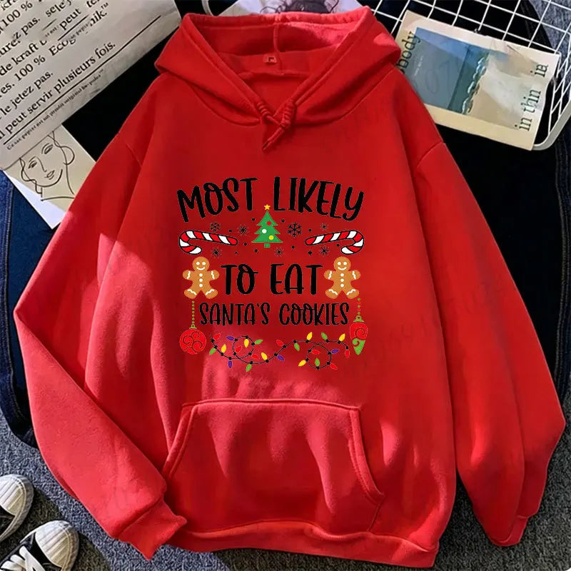 Most Likely To Christmas Family Hoodies Funny Slogan Group Sweatshirts Xmas Gingerbread Man Print Hooded Hoody Holiday Party Top