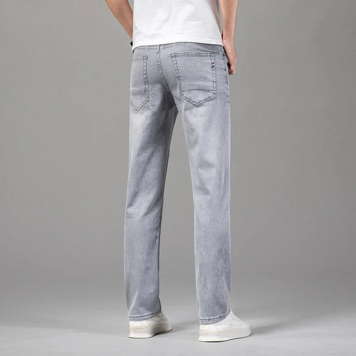 Summer Thin Men's Elastic Cotton Jeans Fashion Gray Comfortable Business Straight Casual Pants Brand Male Clothes Trousers ATFH