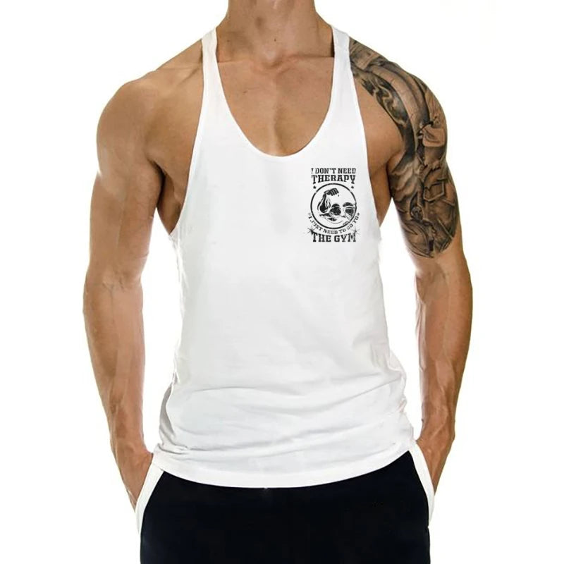 Men's "I don't need therapy, just the gym" Muscle Graphics Stringer Vest-Sleeveless Fitness, Bodybuilding and Plus Size Exercise