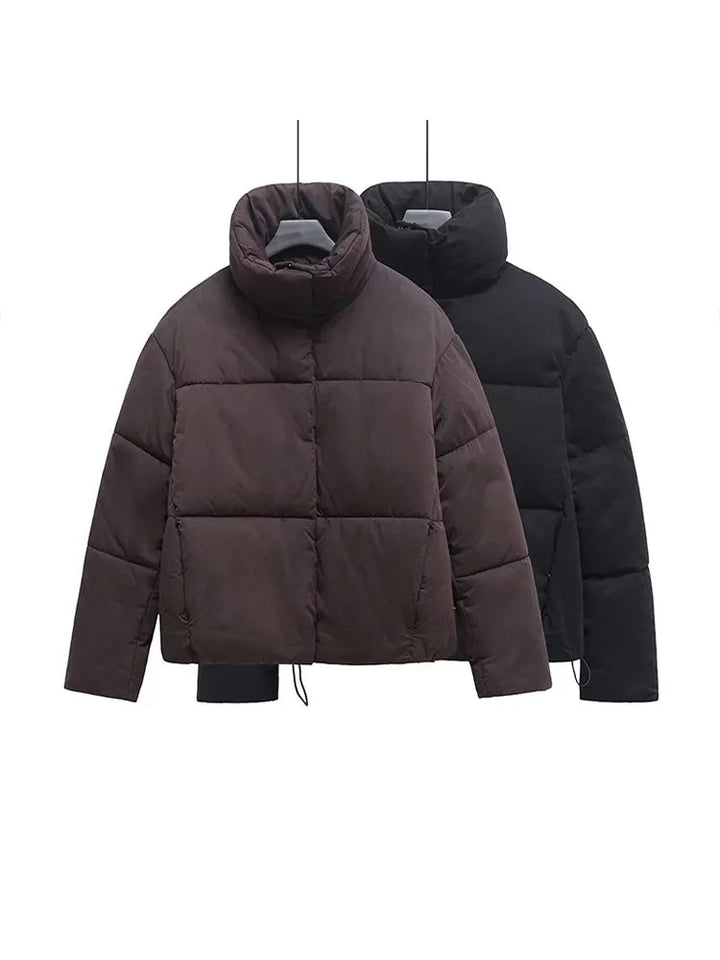 Solid Cropped Short Puffer Jacket Women Fashion High Collar Full Sleeve Drawstring Hem Warm Coat 2025 Winter Casual Outerwear ATFH
