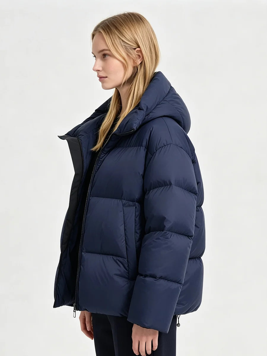 RU Women Hooded Short Puffer  Zip‑Up Loose Long Sleeve Drawstring Hood Warm Winter Female Outerwear
