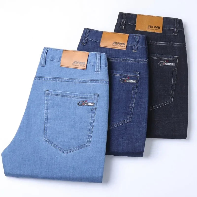 New Ice Silk Thin Denim Jeans For Men Blue Straight Stretch Cotton Pants Business Casual Lightweight Trousers Spring Summer ATFH