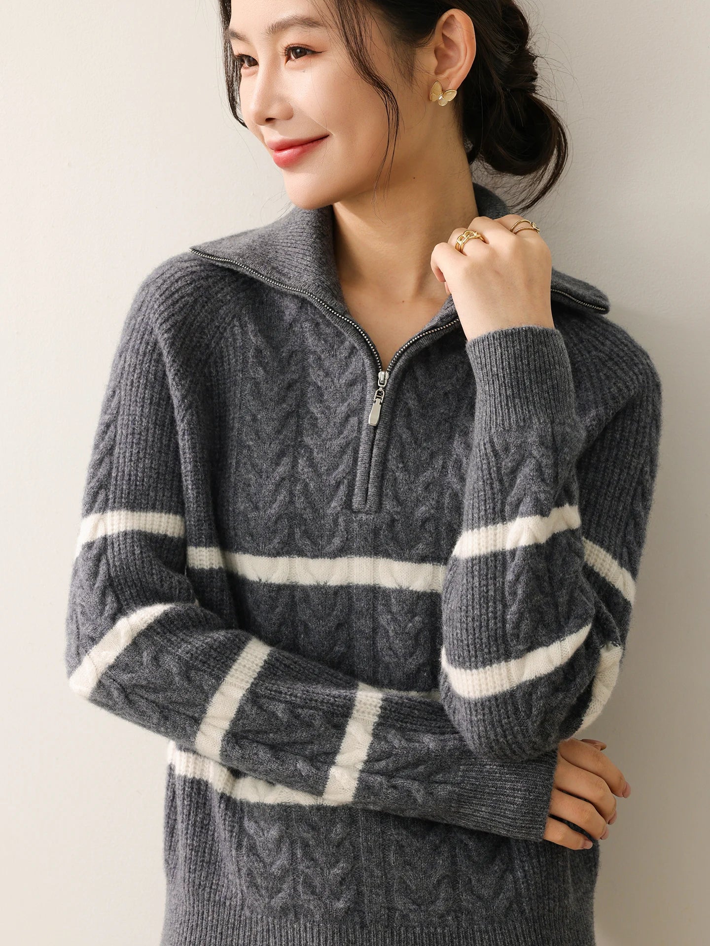 New Ladies Pullover 100% Merino Wool Loose Striped Color Blocking Sweater Autumn Winter Knit Thick Clothing Warm Soft Casual Top - ATFH