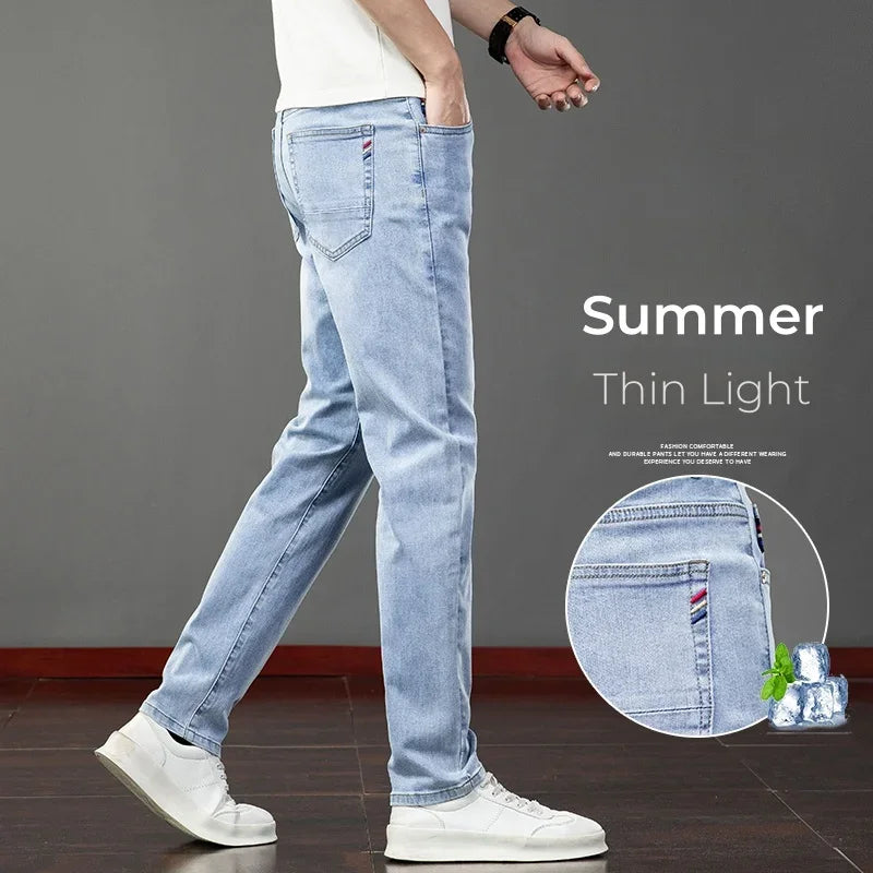 2026 Summer Men's Jeans Slim Fit Jeans Thin Stretch Straight Light Business Casual Denim Long Pants Male Classic Style Brand ATFH