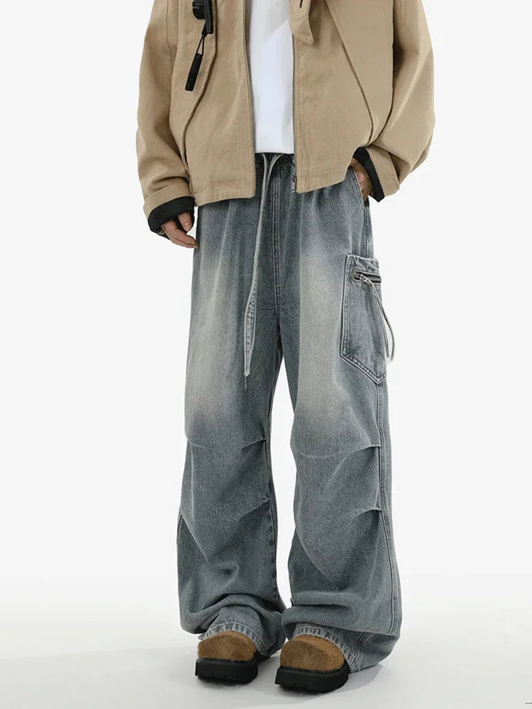 Autumn High Street Pleated Cargo Jeans For Men Pocket Straight Wide-leg Denim Pantalones Hombre Hip Hop Fashion Y2K Baggy Jean ATFH