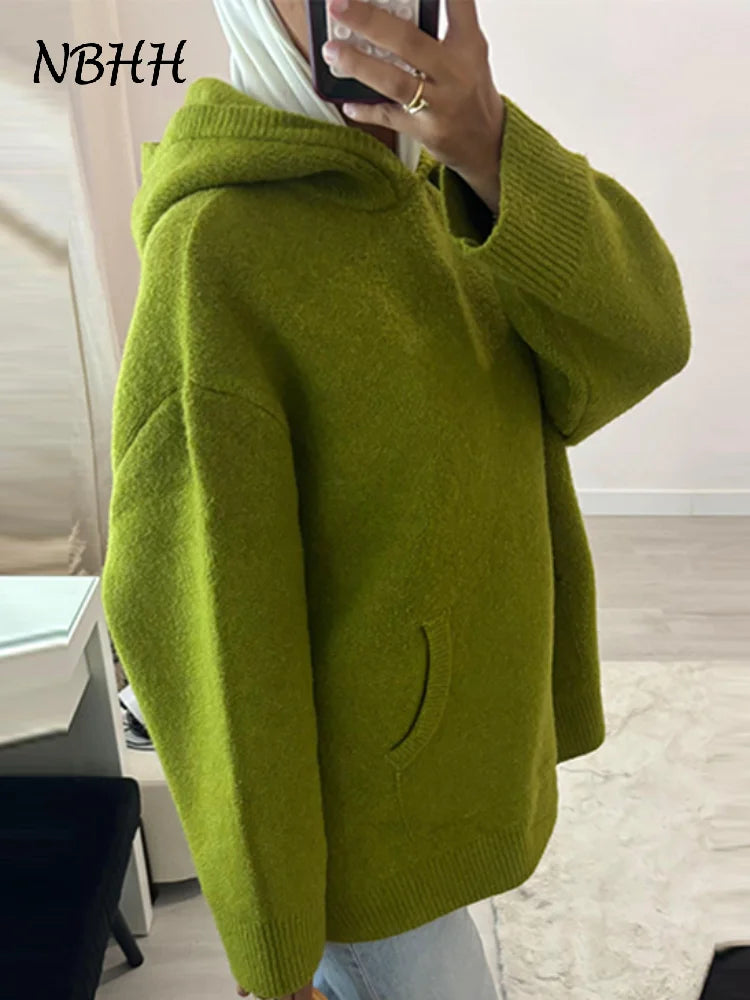 Fashion Green Knit Hooded Sweater Women Loose Long Sleeve Pocket Female Sweaters 2025 Autumn Winter New Lady Warm Pullovers - ATFH