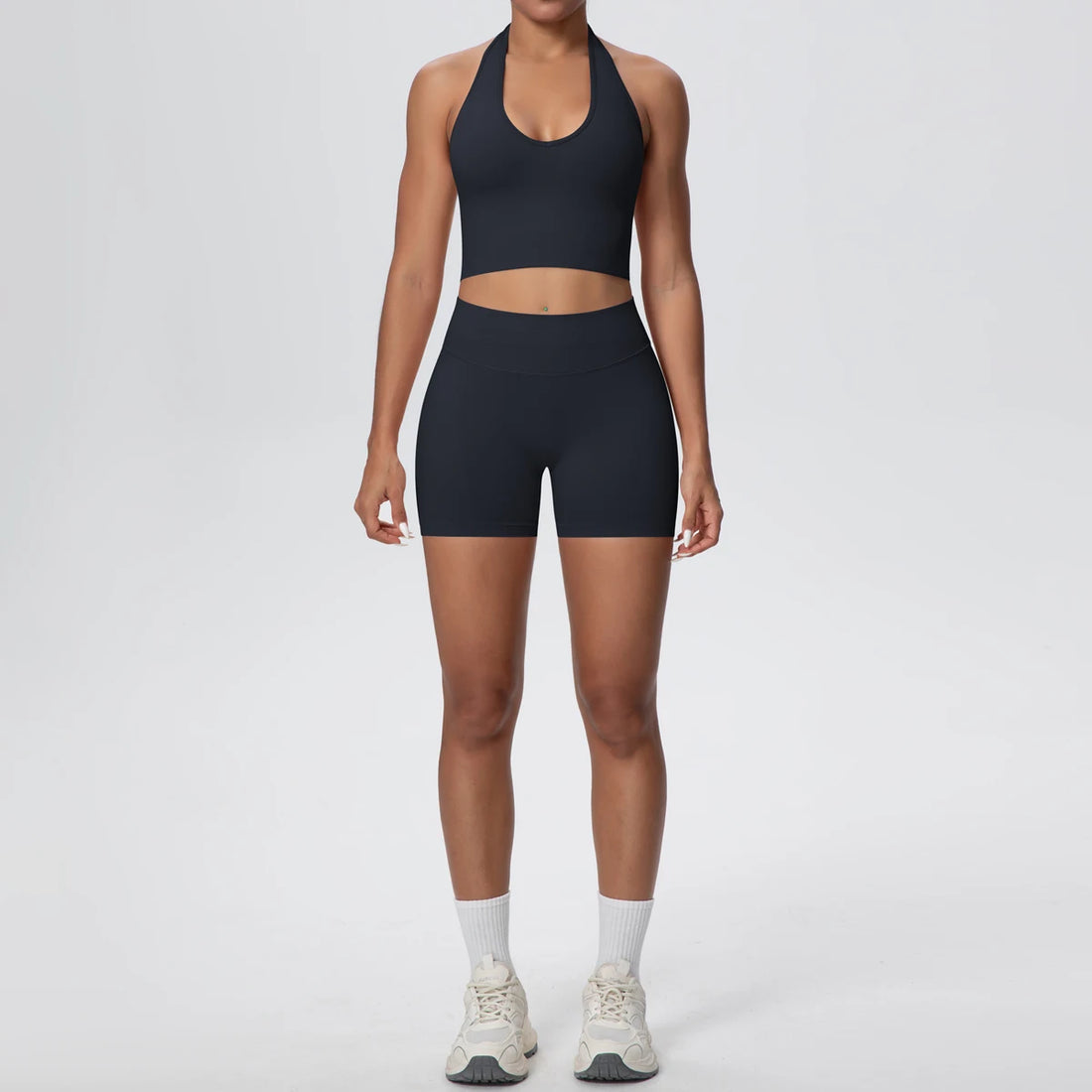 2Pieces Breathable Hanging Neck Bra Fitness Shorts Yoga Set for Woman's Quick-Dry Hip Push Up Seamless Sports Top Yoga Suit - ATFH