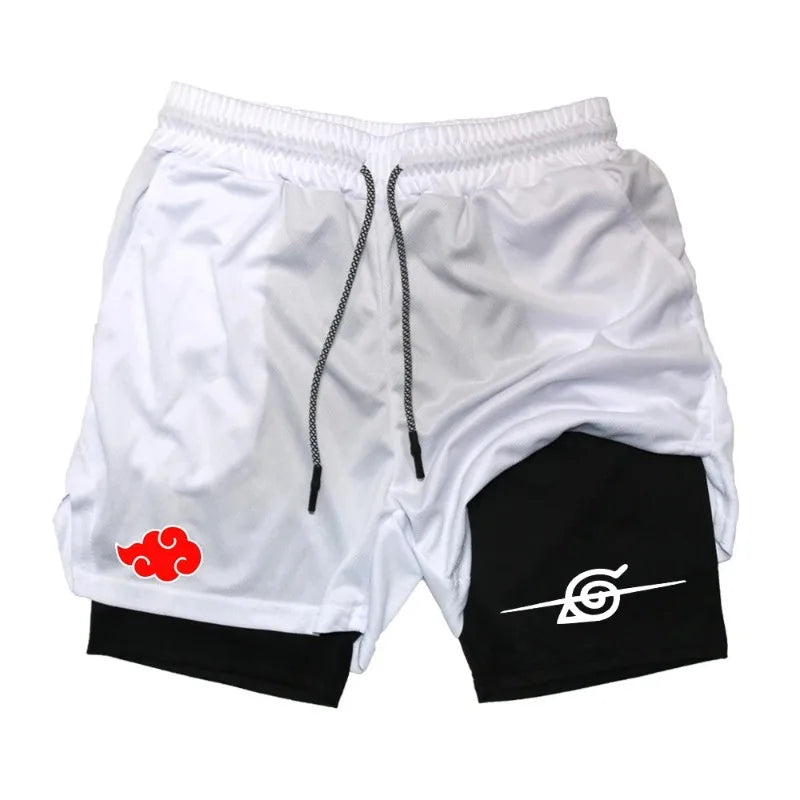 Men Anime Double Layer Shorts Gym Workout Sports Multi-Performance Training Hip-hop Quick-Drying Jogging Pants Towel Y2k Fitness