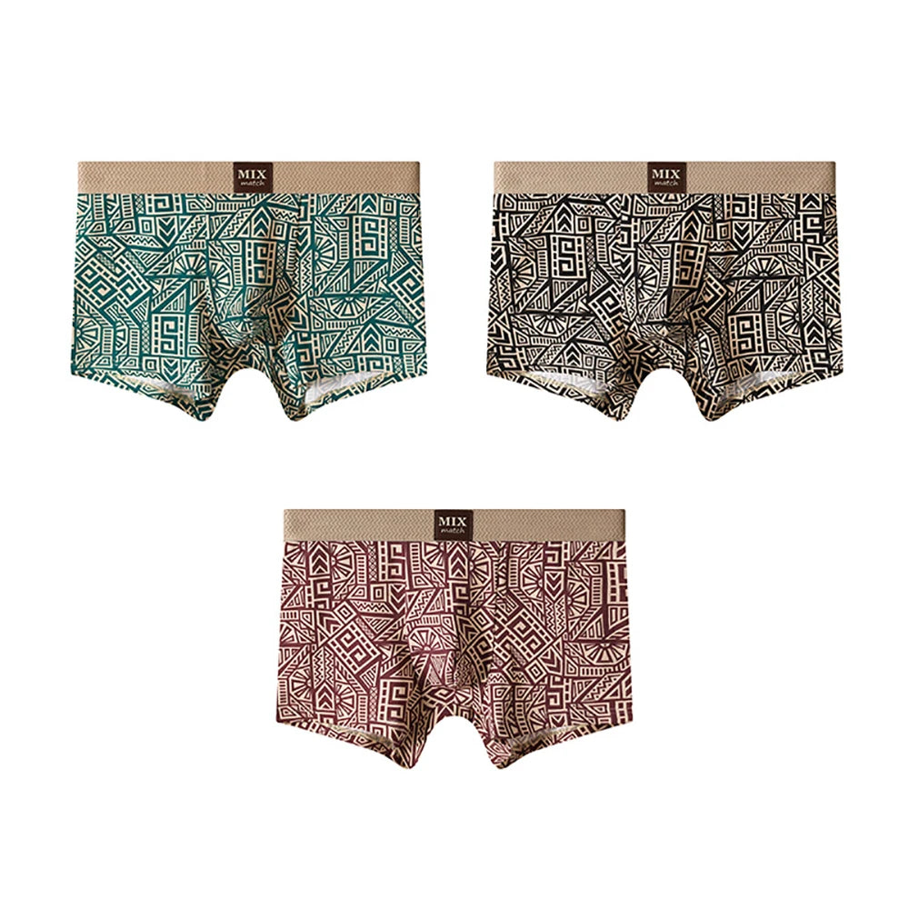 3PCS/Pack Soft 100% Cotton Vintage Print Men's Underpants Breathable Comfort Mesh Crotch Boxer Men High Elastic Waist Panties