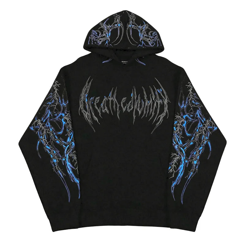 Men Gothic Punk Letter Print Hoodie Y2K Hip Hop Streetwear Pullover Sweatshirt Dark Pattern Casual Hooded Tops With Pocket