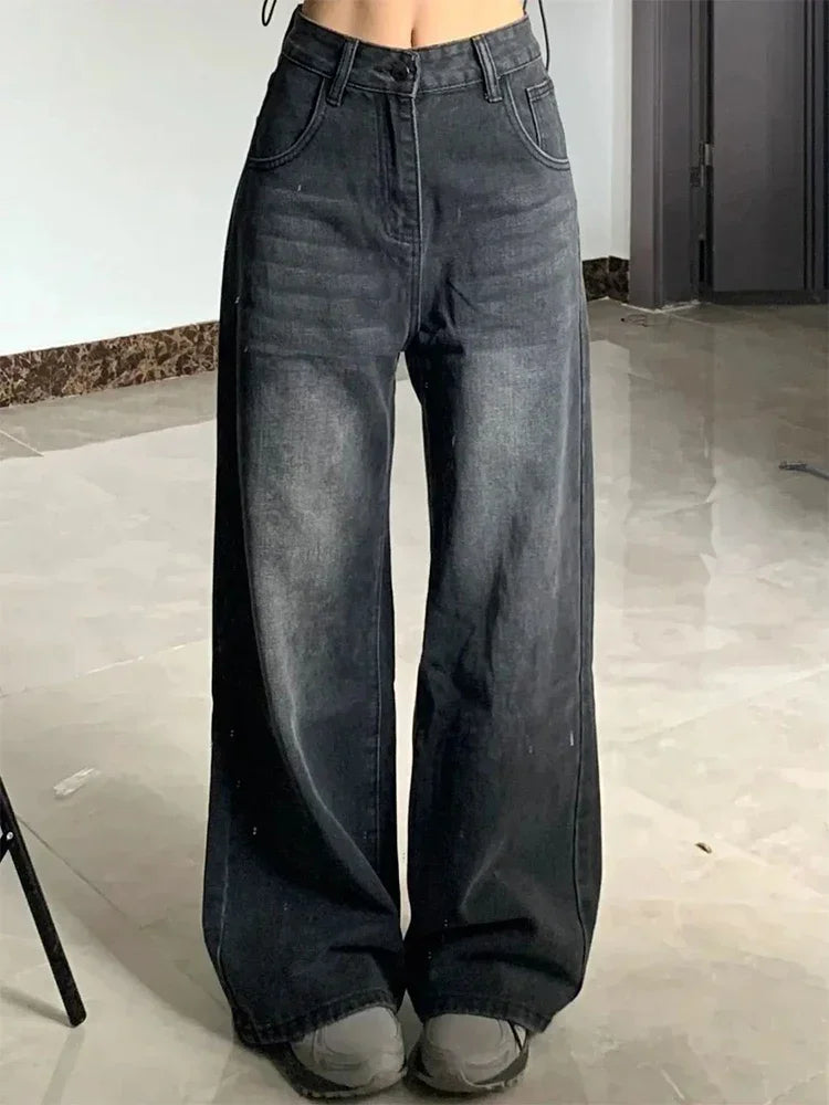 Botvotee Vintage Women's Black Grey High Waist Jeans Y2K Fashion Baggy Loose Straight Wide Leg Baggy Denim Trousers Pants
