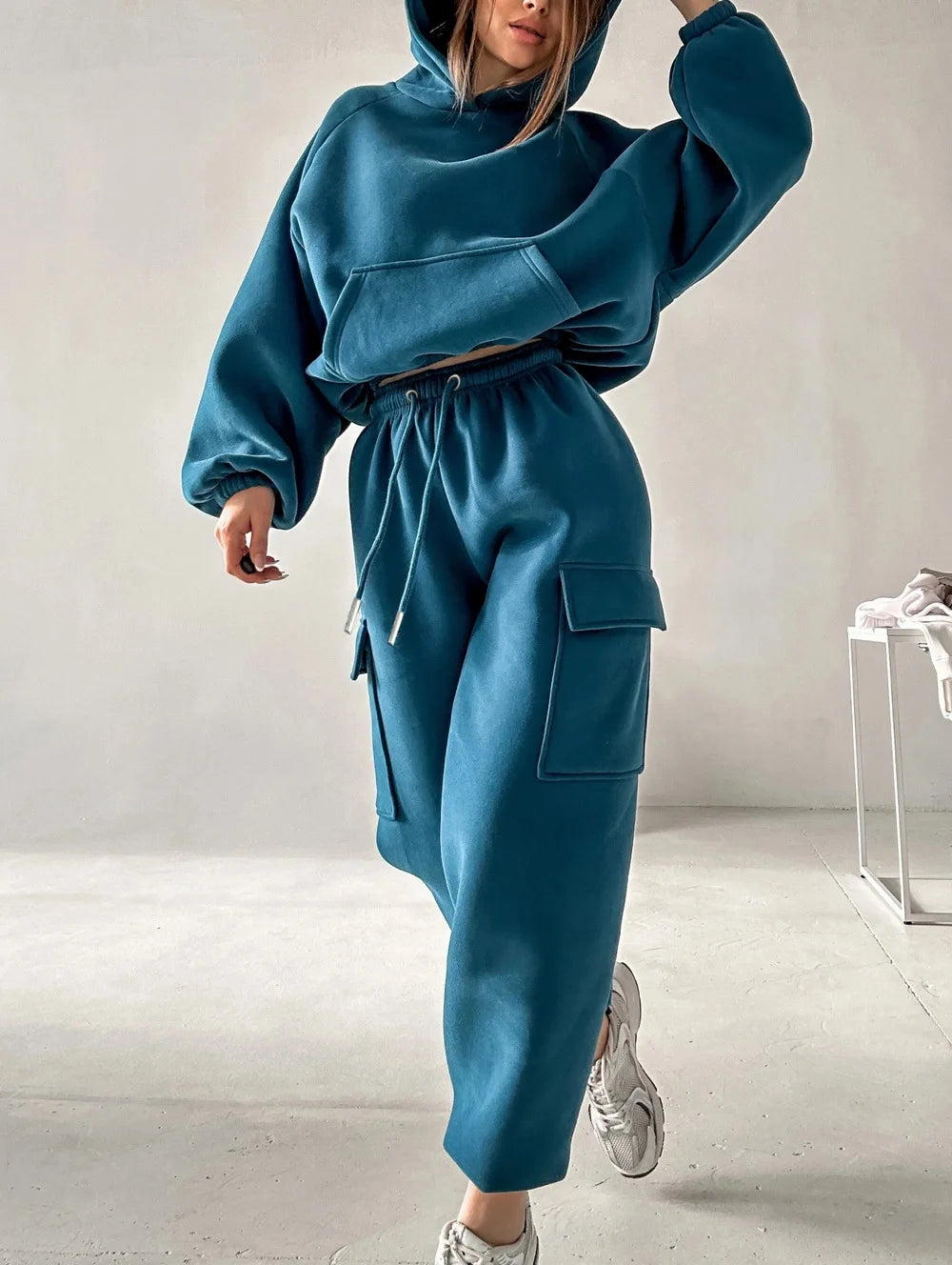 Hoodies Suit Winter Autumn Solid Casual Tracksuit Women Fleece 2 Pieces Set Sports Sweatshirts Pullover Jogger Sweatpants Outfit