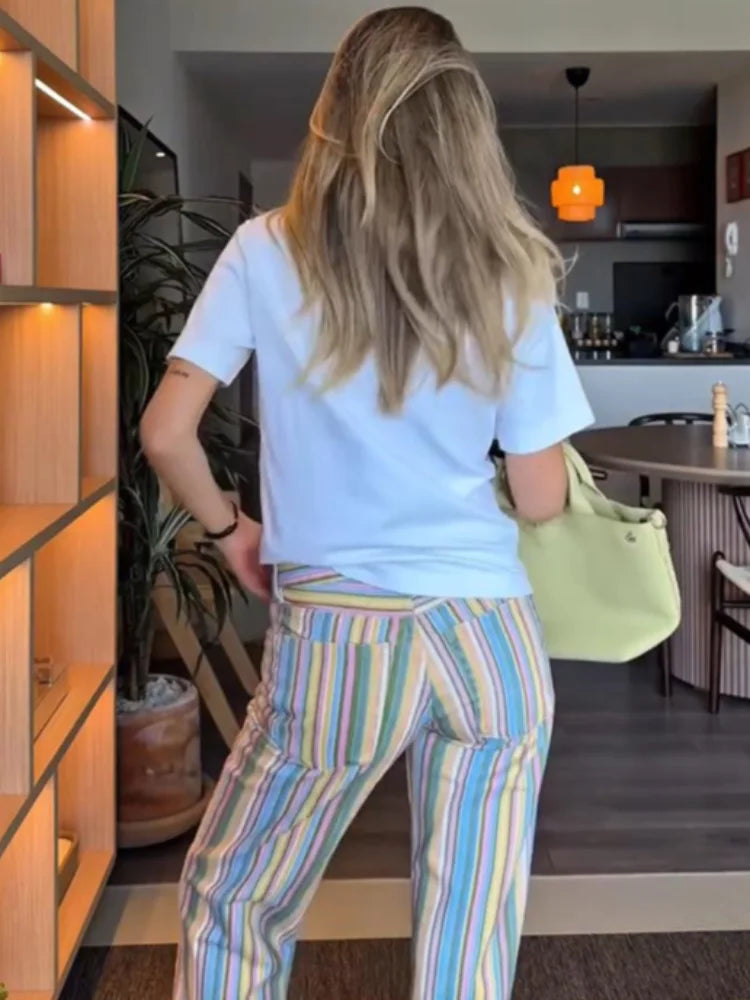 Colorful Striped Jeans Women's Low-Waist Pockets Wide-Leg Trousers 2026 Street Retro Multicolor Vertical Stripe Denim Pants ATFH