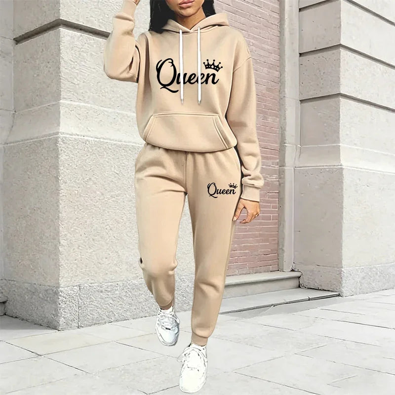 Autumn Winter Women's Outfits Queen Printing Casual Hooded Sweatshirts 2 Pcs Suit Outdoors Fashion Clothing Quality Pants Sets