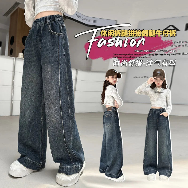 New Girls Fleece Lined Jeans Autumn Winter Thick Warm Kids Straight Leg Trousers Children's All-In-One polar fleece Denim Pants ATFH