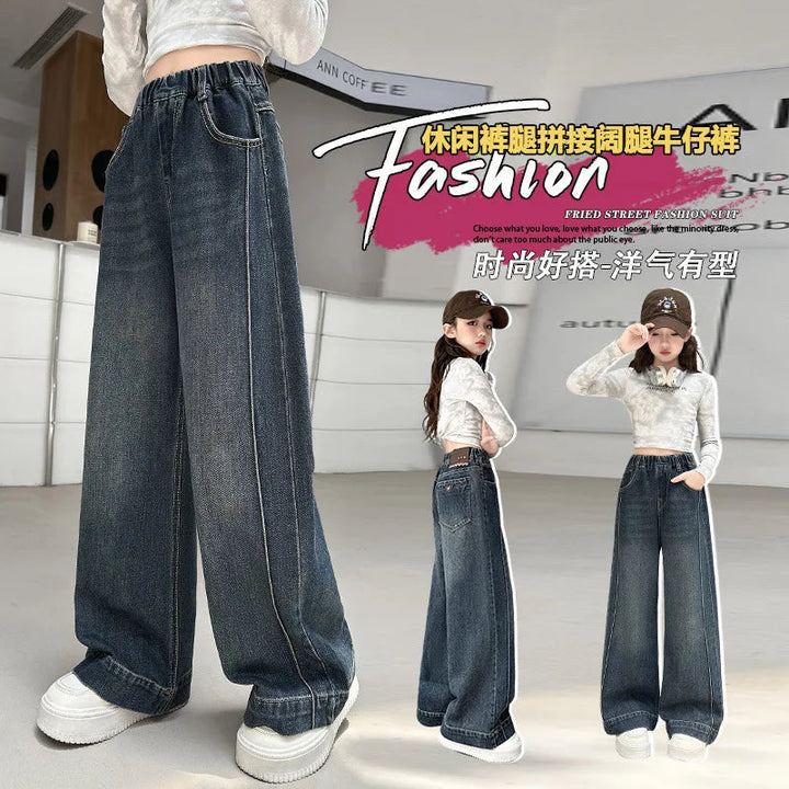 New Girls Fleece Lined Jeans Autumn Winter Thick Warm Kids Straight Leg Trousers Children's All-In-One polar fleece Denim Pants ATFH