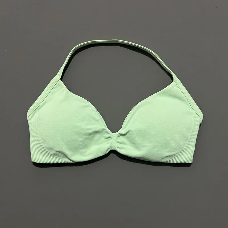Sports Strappy Bra Yoga Underwear Women Gym Top Running Exercise Backless Bra High Support Active Wear Fitness Workout Halter - ATFH