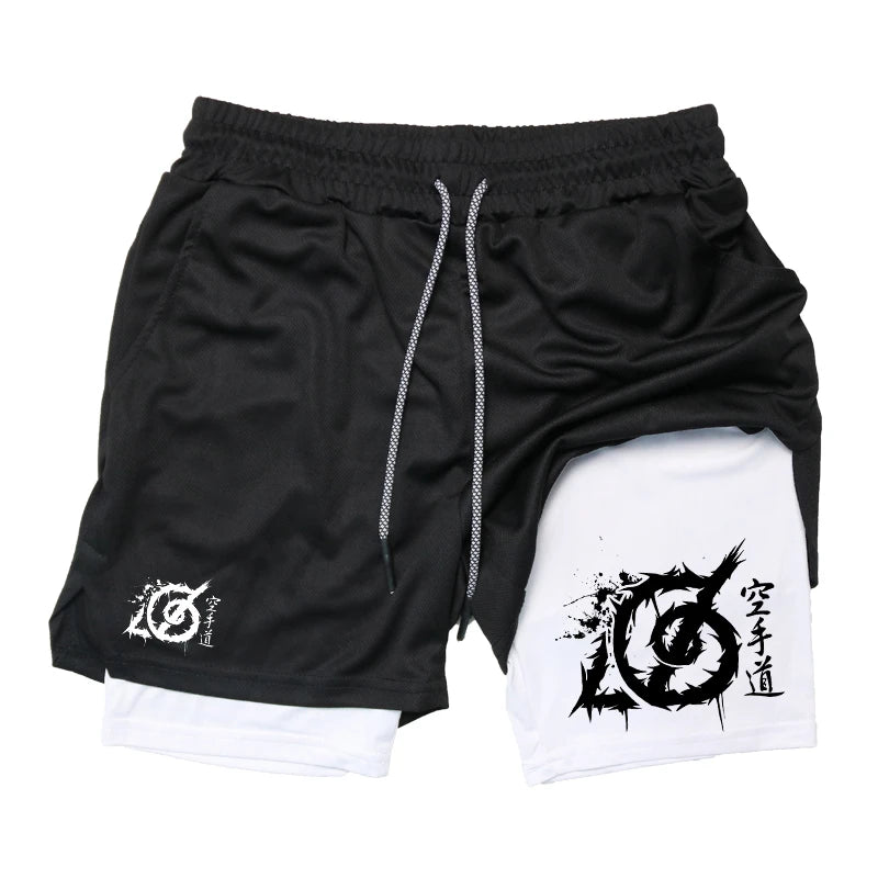 Karate Graphic 2 in 1 Workout Running Shorts for Men Gym Athletic Sport with Compression Liner Phone Pocket Towel Loop