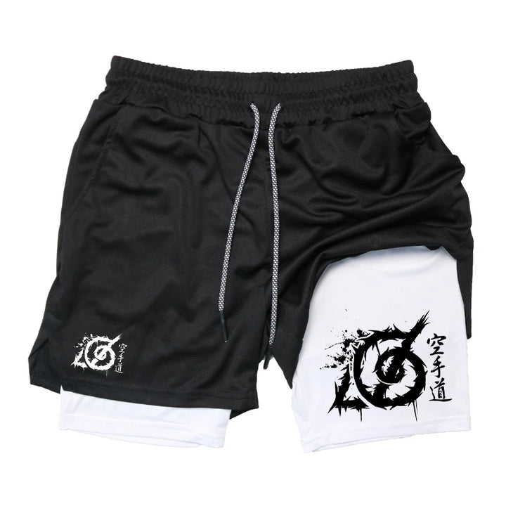 Karate Graphic 2 in 1 Workout Running Shorts for Men Gym Athletic Sport with Compression Liner Phone Pocket Towel Loop