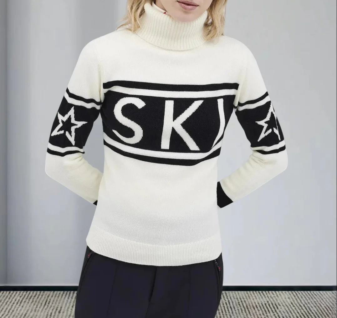 Top Sweater Women's High Neck Letter Print Color Block Slim Fit Knit Long Sleeve Pullover Comfortable Casual Fashionable Niche - ATFH