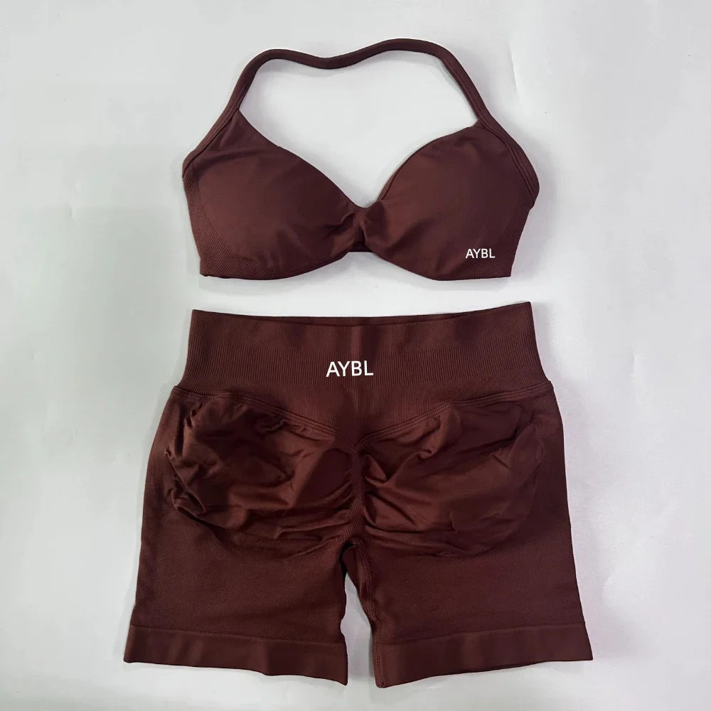 Trendy 2PCS Gym Set Women Strappy Yoga Bra Top High Waist Workout Scrunch Shorts Sports Suit Seamless Yoga Set Fitness Clothes Tahsi Fashion House