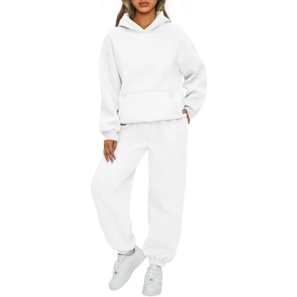 Women's Tracksuit Suit Winter Fashion Warm Hoodie Sweatshirts Two Pieces Oversized Solid Casual Hoody Pullovers Long Pant Sets