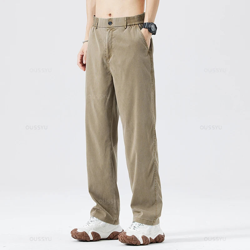 Summer Ultrathin Soft Lyocell Fabric Men's Jeans Breathe Loose Straight Pants Elastic Waist Korea Casual Trouser Plus Size M-5XL ATFH