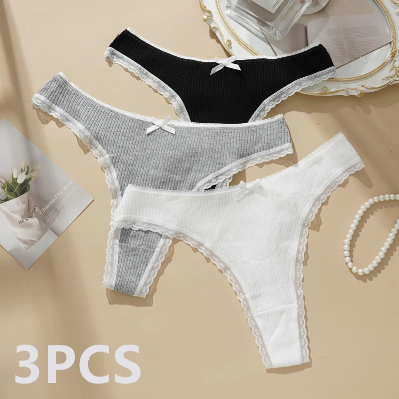 3PCS Sexy Low Waist Panties Women Lace Trim Solid Color Briefs M-XL Breathable Comfortable Lingerie Female Rib Cotton Underwear