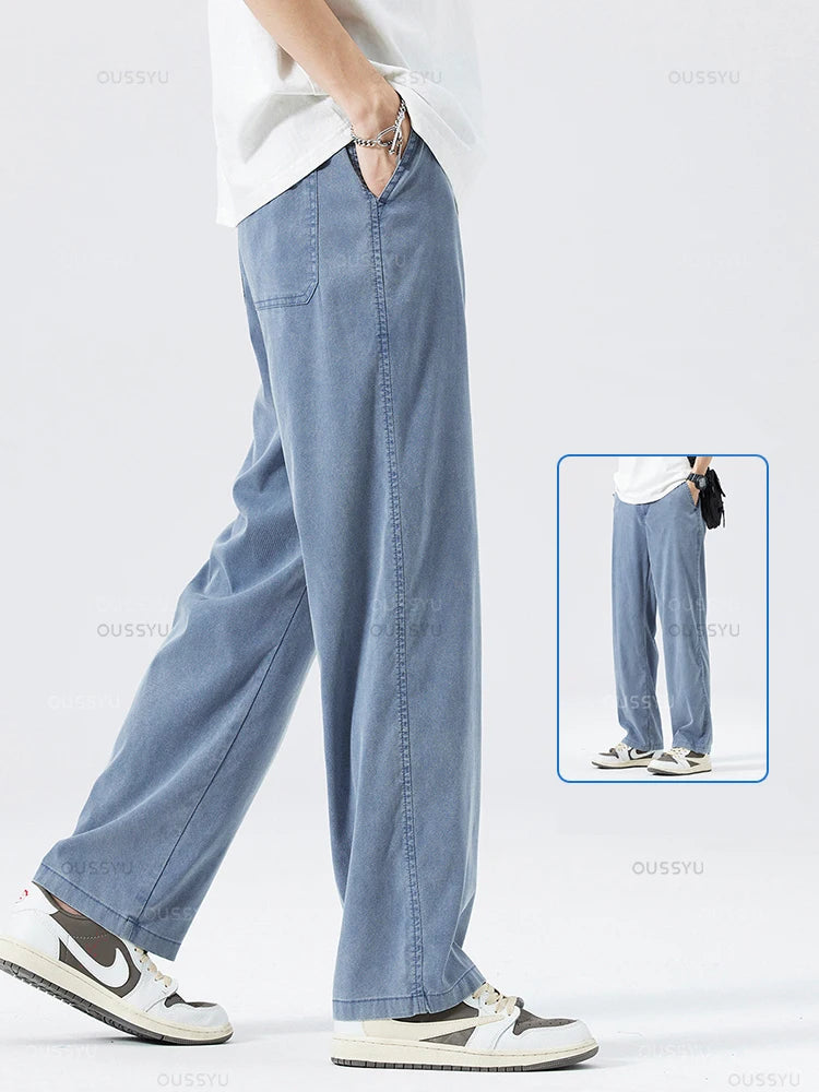 Summer Ultrathin Soft Lyocell Fabric Men's Jeans Breathe Loose Straight Pants Elastic Waist Korea Casual Trouser Plus Size M-5XL ATFH