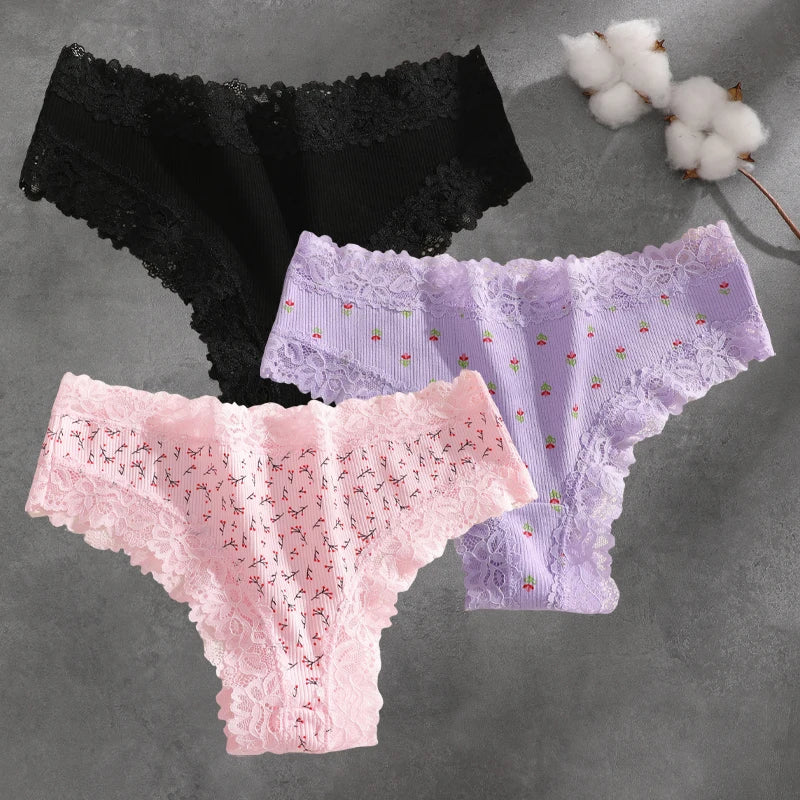 3Pcs Cotton Lace Patchwork Bikini Panties Women Seamless Floral Print Brazilian Pants Low Waist Breathable Female Sexy Lingerie