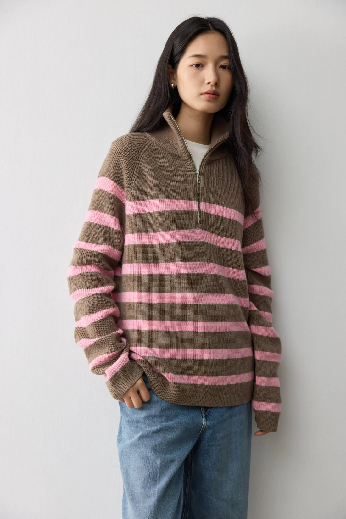 Heavy German BY worsted wool, classic contrasting stripes loose lapel half zip knitted sweater - ATFH