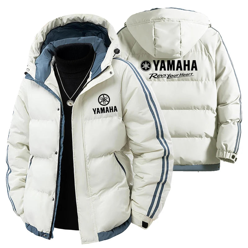 Yamaha's new men's hooded thick winter warm-up cotton coat for outdoor fashion, casual and sporty wear with zipper. Men's coat.
