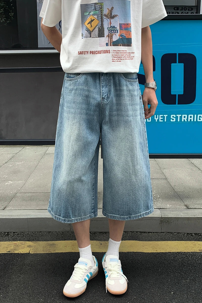 2026 American Street Retro Old Straight Denim Cropped Pants Men's Fattened Large Size Summer Casual Versatile Wide-leg Shorts ATFH
