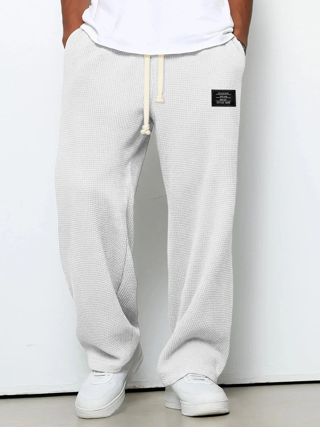 Men's spring-summer trendy brand loose-fitting stretchy straight-leg sweatpants. Waffle fabric. Micro-bouncy sporty casual pants