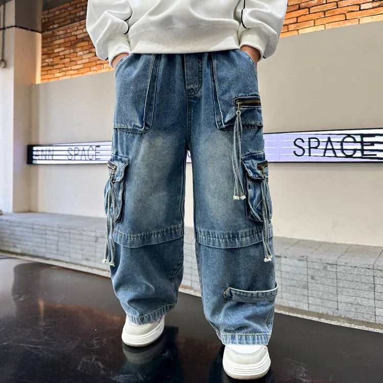 Boys Jeans 2025 New Spring Autumn Pants Children's Straight Trousers Teenager Wide-legged Cargo Denim Pants Kids Loose Clothes ATFH