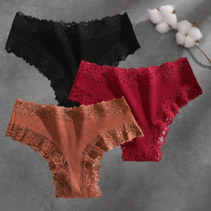 3Pcs Cotton Lace Patchwork Bikini Panties Women Seamless Floral Print Brazilian Pants Low Waist Breathable Female Sexy Lingerie