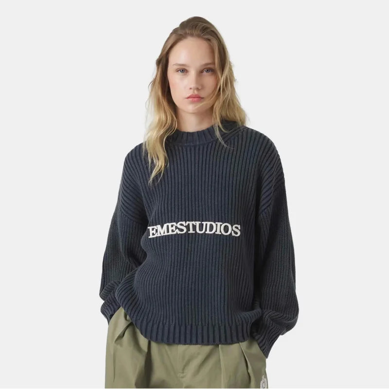 Eme Letter Y2k Street Round Neck Sweater Men's And Women's Loose Fitting Pullover Casual Retro Knitted Sweater Autumn And Winter - ATFH