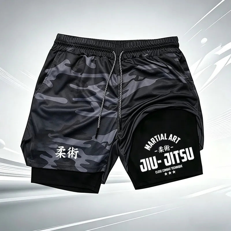 Martial Art Jiu-Jitsu Print Ufc Men's Double-Layer Sports Shorts, Quick Dry, Anti-Chafe, for BJJ, MMA & Fitness wx249
