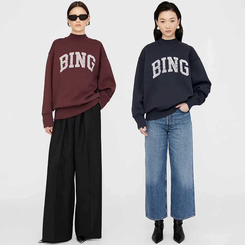 2025 Winter New North American Niche Classic Letter BING Printed Inner Fleece High Neck Loose Women's Sweatshirt - ATFH