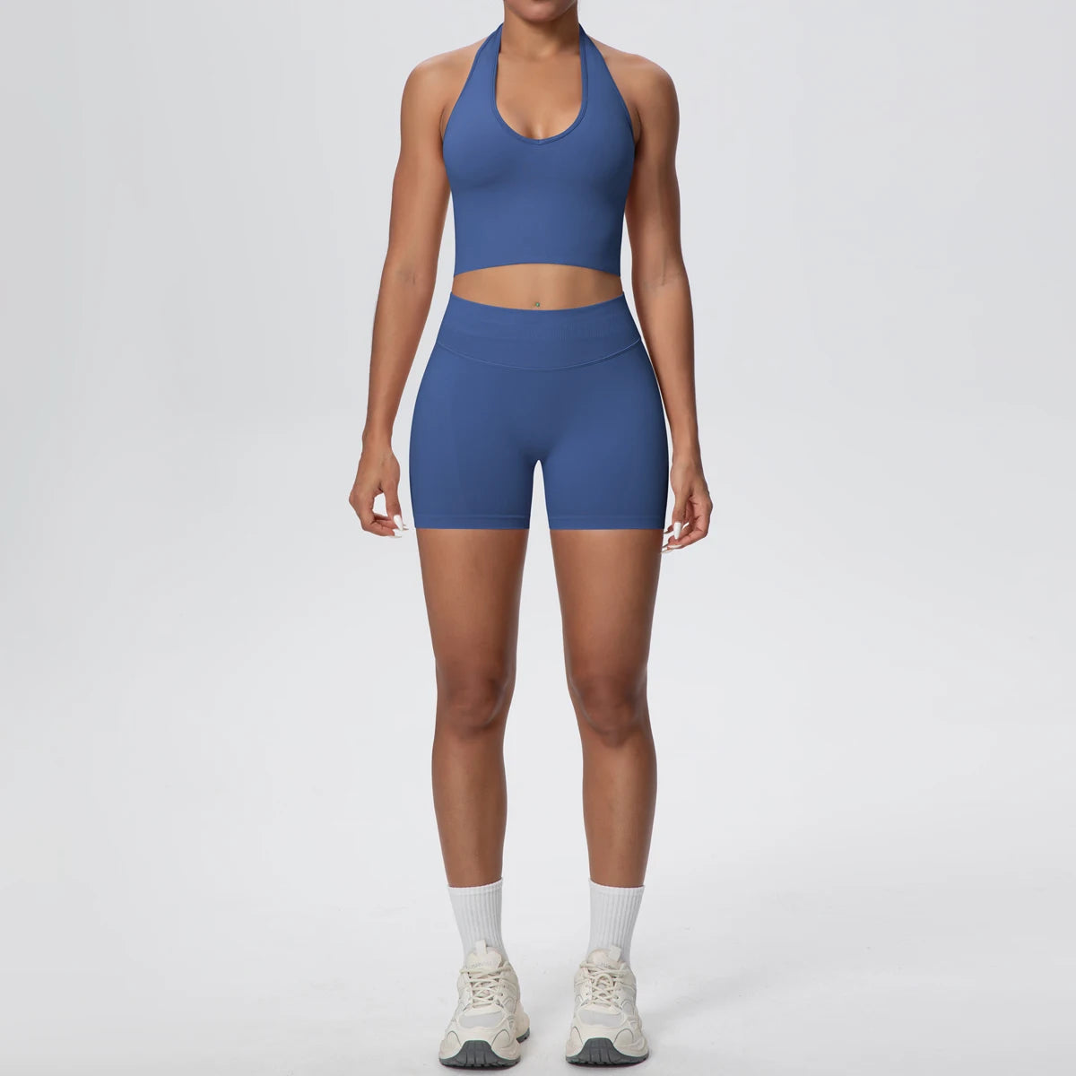 2pcs Summer Breathable Yoga Set Backless Sportswear Solid Color Sexy Neck Strap Bra Quick-Dry High Waist Shorts Yoga Set - ATFH