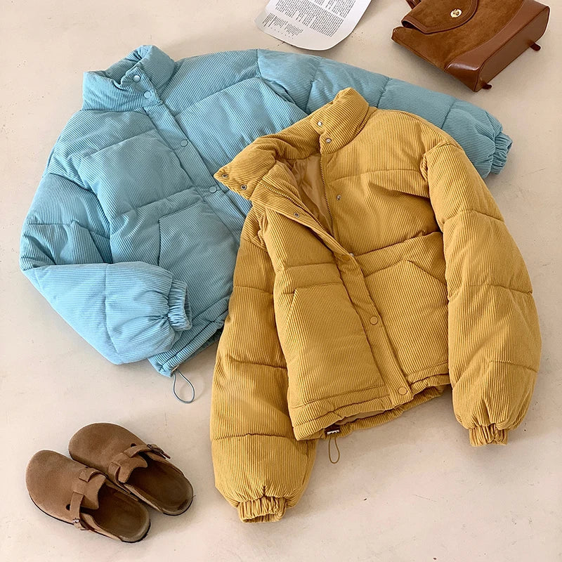 Aoaiiys Thicken Parkas Women Turtleneck Down Cotton Corduroy Jackets Simple Solid Single Breasted Outerwear Winter Clothes Woman
