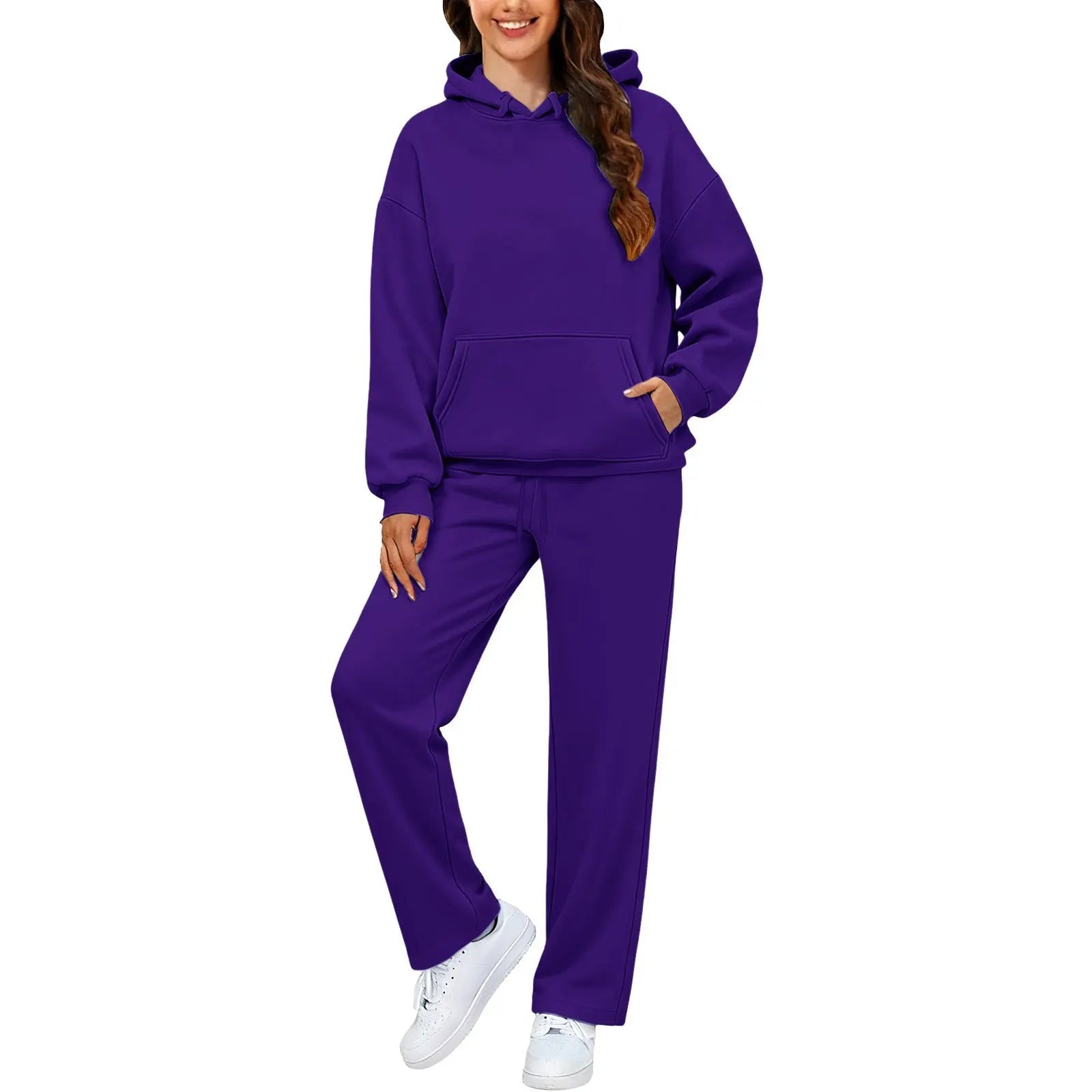 Autumn Winter Women Hoodie+Wide Leg Pants Two Pieces Casual Fleece Loose Long Sleeve Tracksuit Comfortable Sports Women Suit