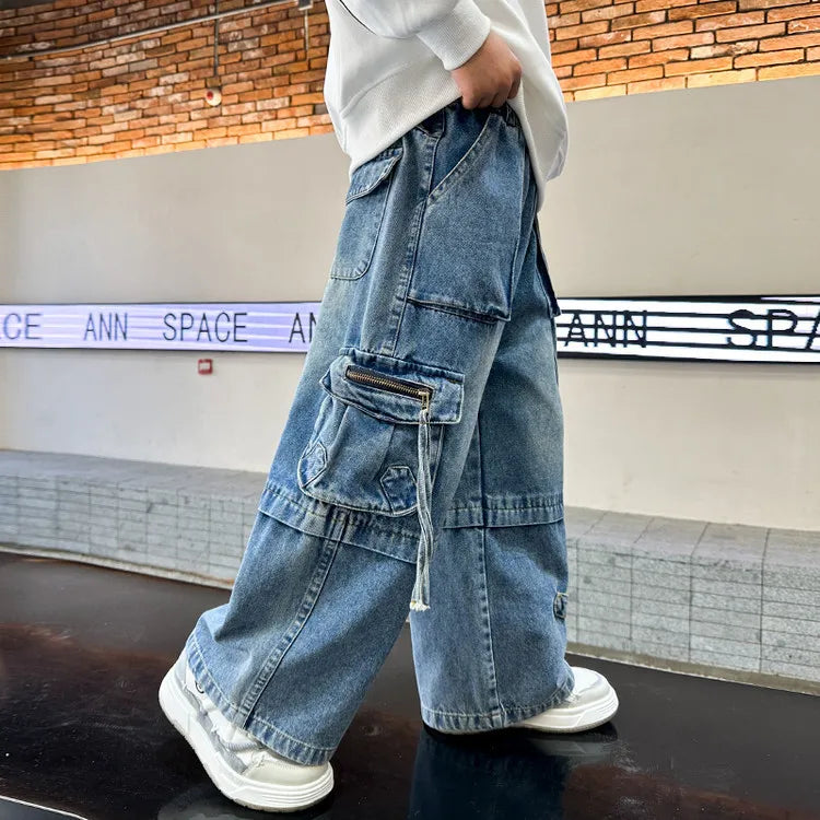 Boys Jeans 2025 New Spring Autumn Pants Children's Straight Trousers Teenager Wide-legged Cargo Denim Pants Kids Loose Clothes ATFH