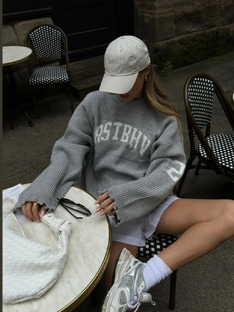 Fashion Solid Letter Print Pullover Women O-neck Long Sleeve Knitted Oversized Sweater Female Autumn Chic Casual Loose Knitwear - ATFH