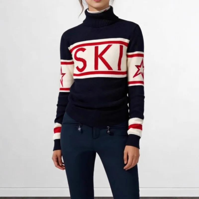 Top Sweater Women's High Neck Letter Print Color Block Slim Fit Knit Long Sleeve Pullover Comfortable Casual Fashionable Niche - ATFH